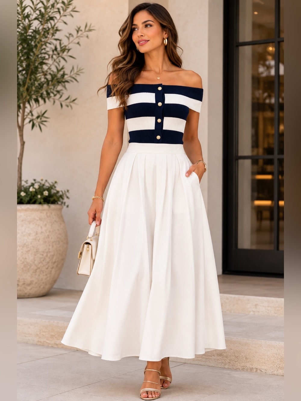 Off-Shoulder Navy & White Striped Zip dress